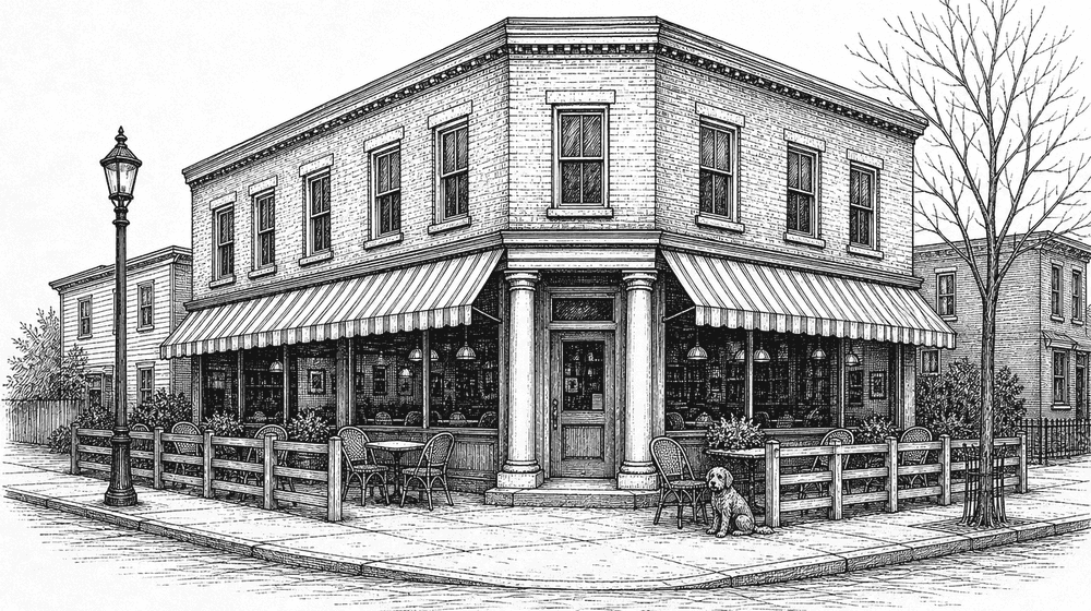 Ink drawing of the corner of 62 Allen Street: the columns, the awning, the patio rails and a dog
